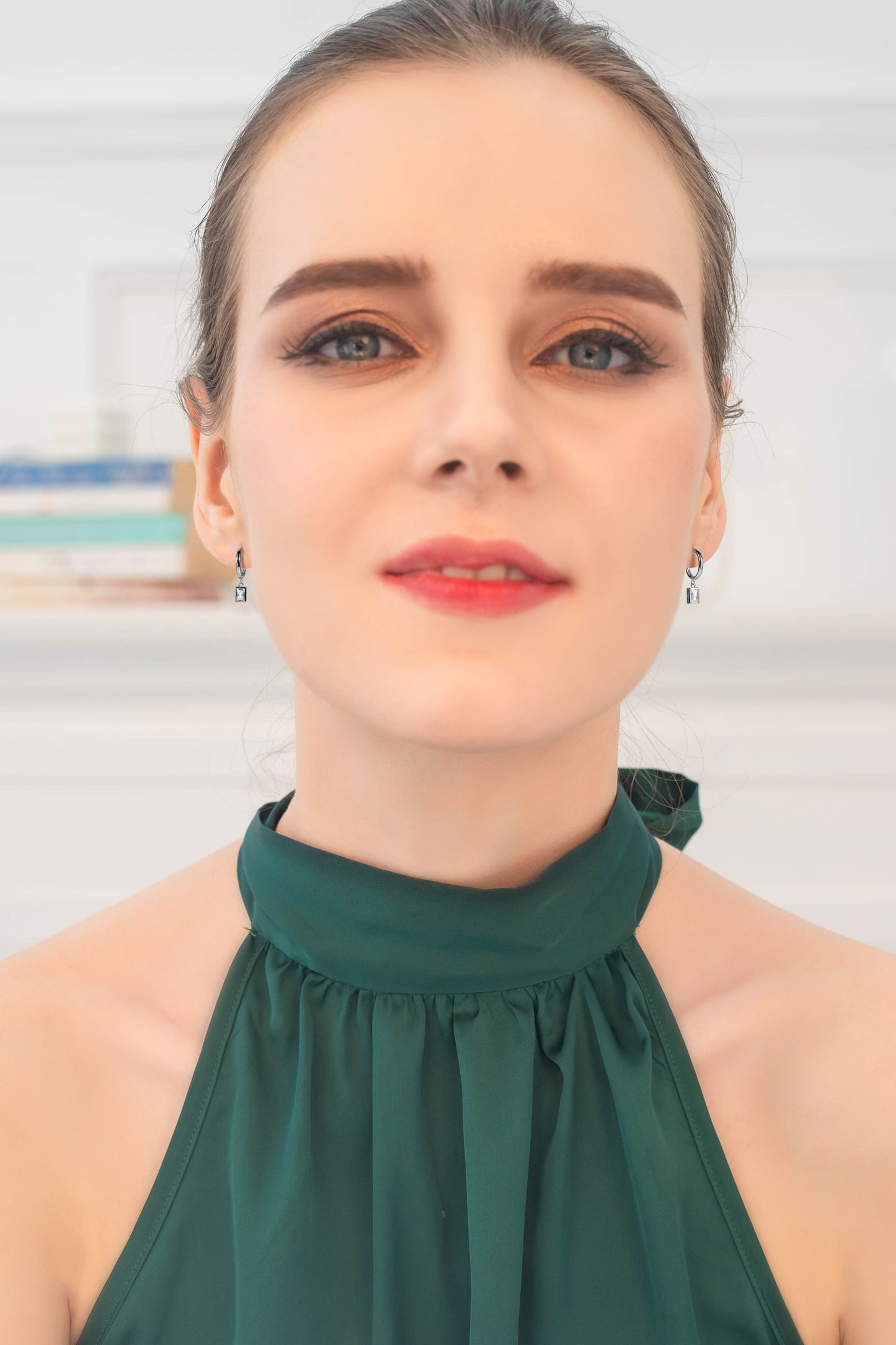 Sterling Silver Emerald-Cut Cubic Zirconia Dangle Round Huggies Open Hoop Earrings