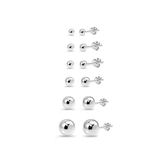 Sterling Silver 6 Pair Ball Bead Polished Stud Earrings