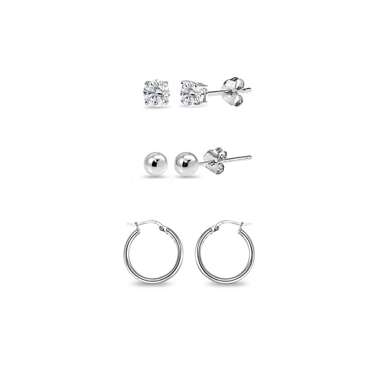 Sterling Silver Set of 3 Hoops, Ball Studs & CZ Stud Earrings