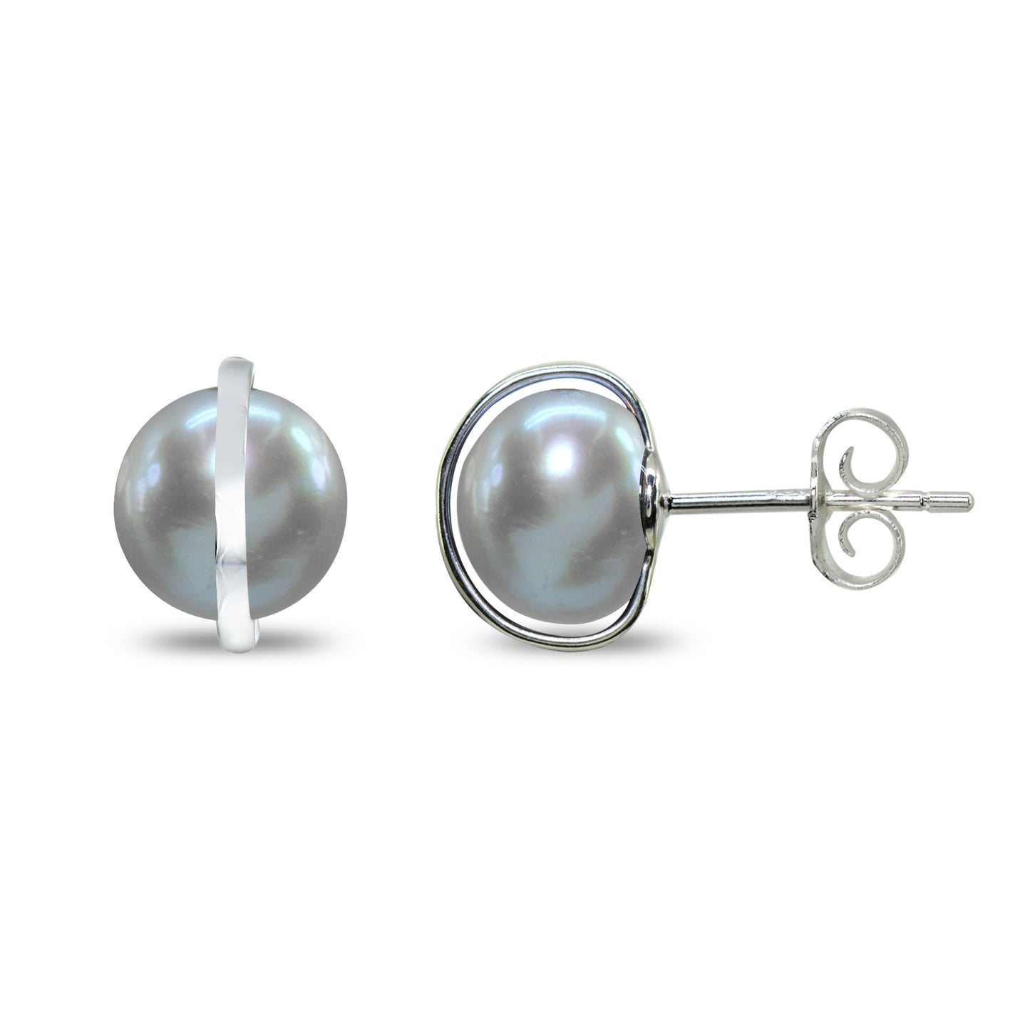 Sterling Silver Cultured Freshwater Pearl Button Polished Planet Stud Earrings