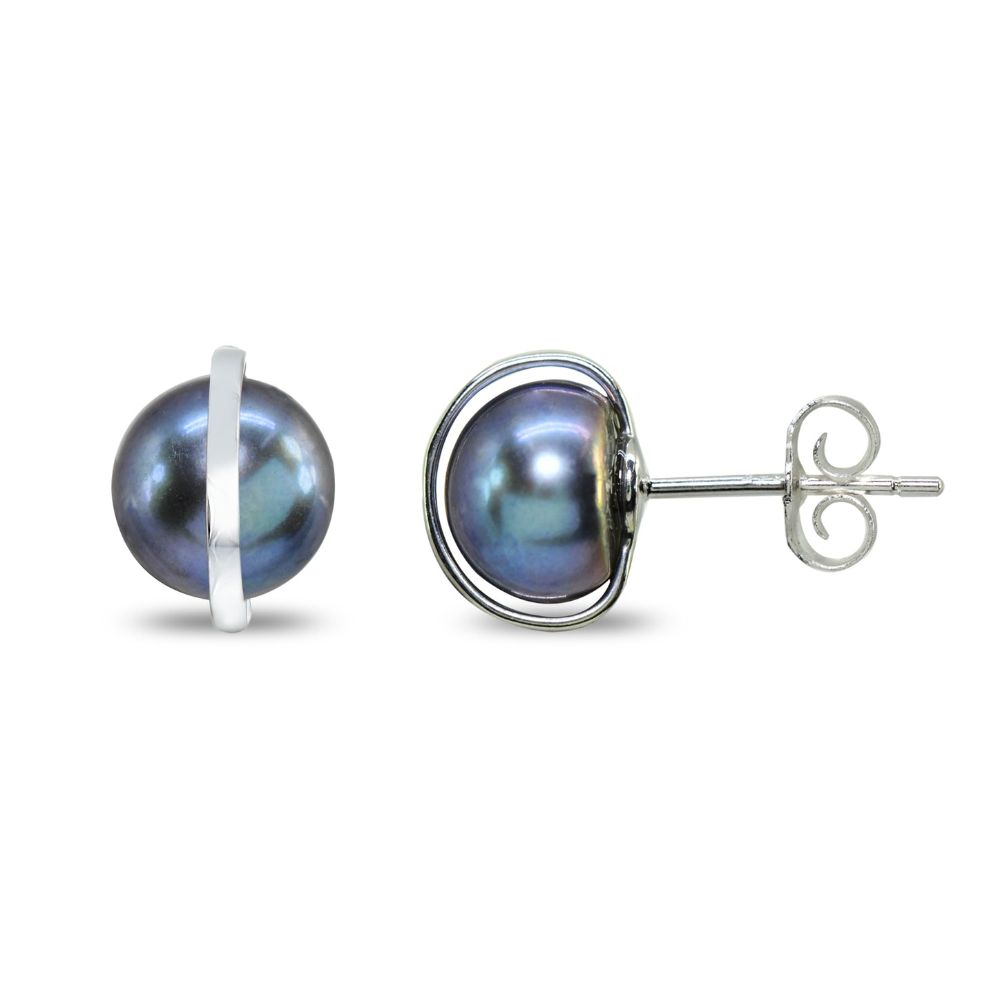 Sterling Silver Cultured Freshwater Pearl Button Polished Planet Stud Earrings
