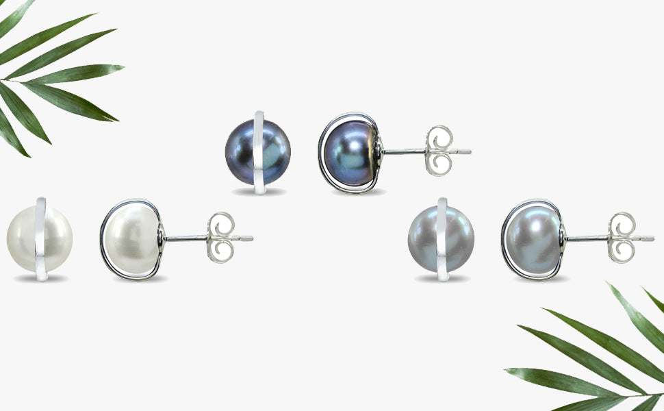 Sterling Silver Cultured Freshwater Pearl Button Polished Planet Stud Earrings