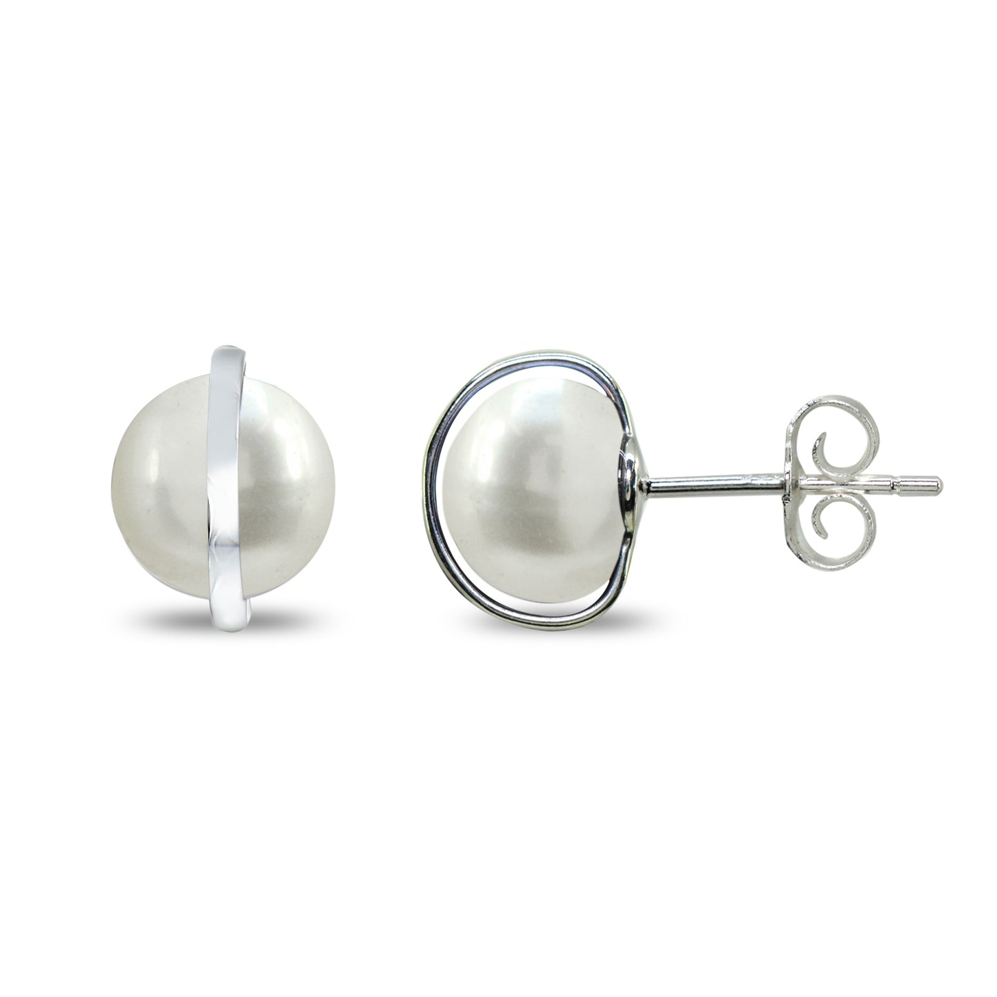 Sterling Silver Cultured Freshwater Pearl Button Polished Planet Stud Earrings