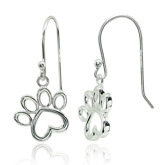 Sterling Silver Polished Dog Paw Heart Small Dangle Earrings