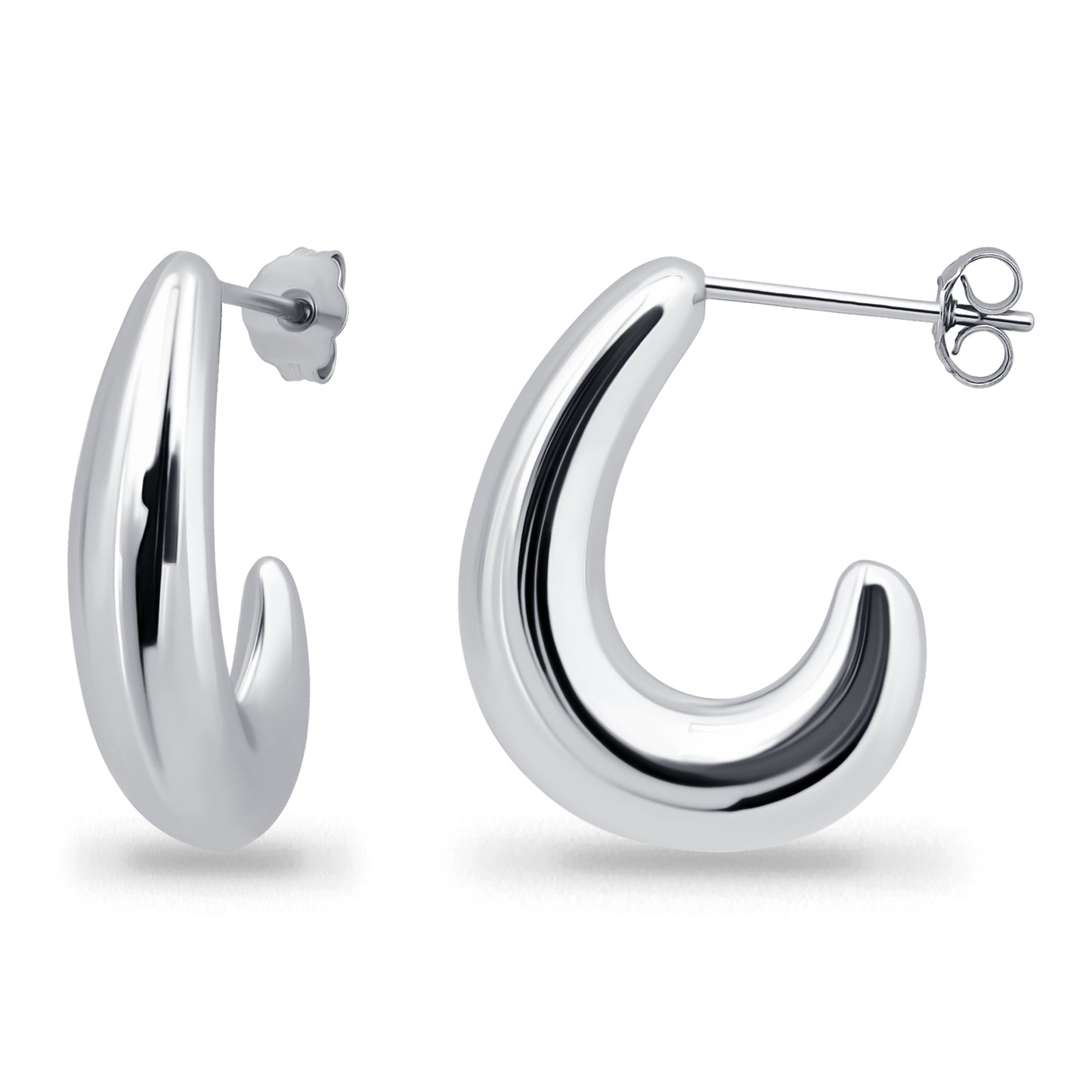 Sterling Silver Puffed Polished Chunky J-Hoops Huggie Earrings