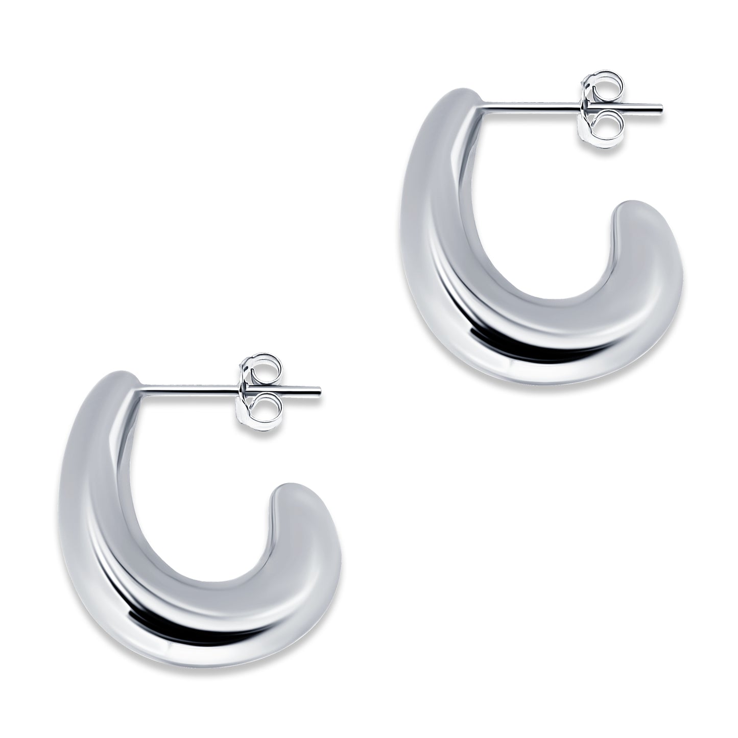 Sterling Silver Puffed Polished Chunky J-Hoops Huggie Earrings