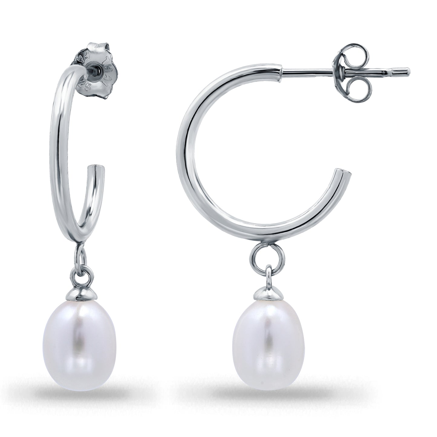 Sterling Silver White Freshwater Cultured Pearl Dangle Round Huggies Open Hoop Earrings