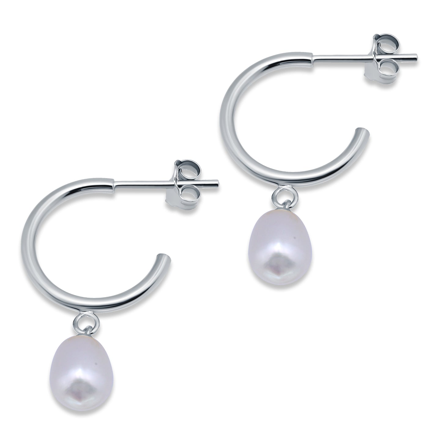 Sterling Silver White Freshwater Cultured Pearl Dangle Round Huggies Open Hoop Earrings