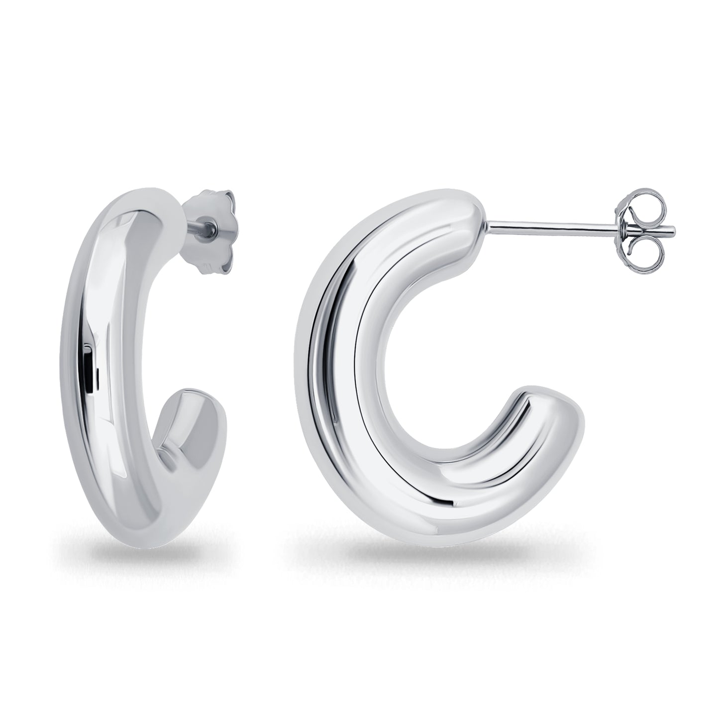 Sterling Silver Puffed Polished Chunky Open Hoops Huggie Earrings