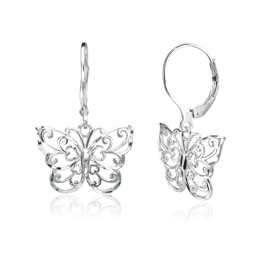 Sterling Silver Filigree Butterfly Diamond-Cut Dangle Earrings