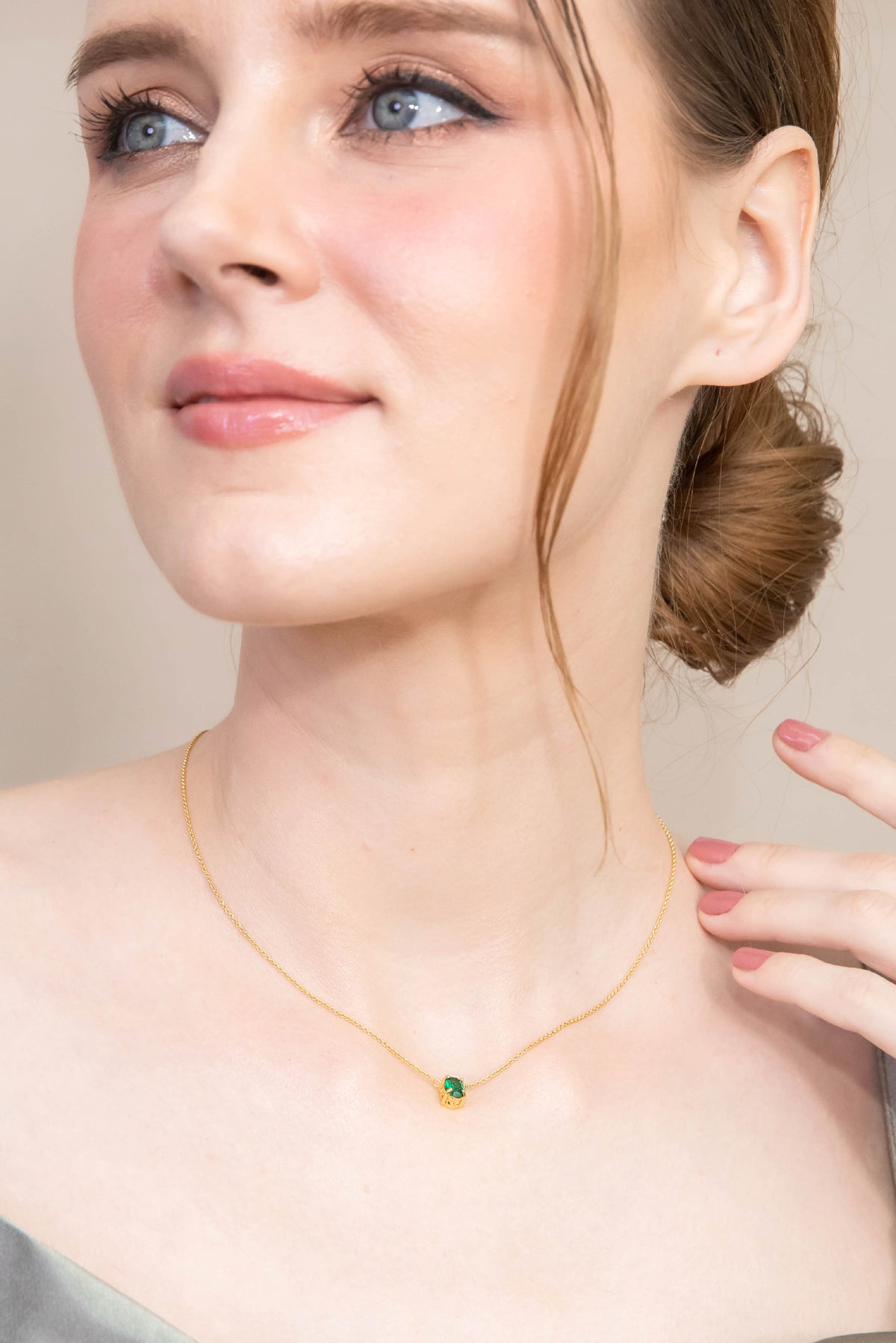 Gold Plated Sterling Silver Simulated Emerald 7mm Round Dainty Choker Necklace