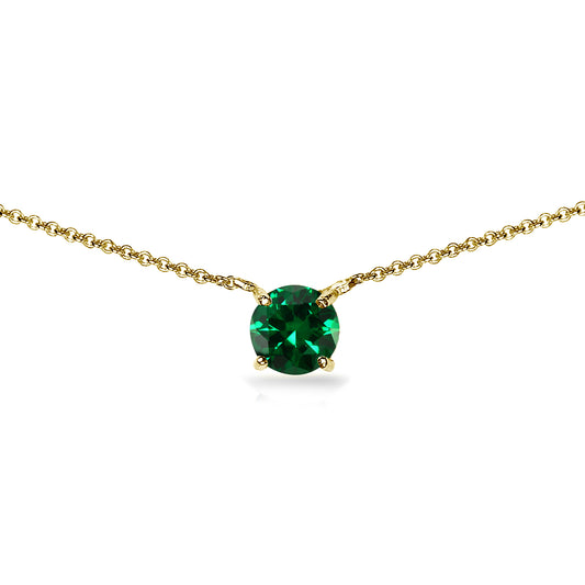 Gold Plated Sterling Silver Simulated Emerald 7mm Round Dainty Choker Necklace