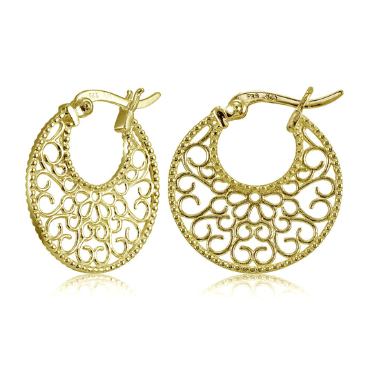 Gold Plated Sterling Silver Medallion Filigree High Polished Round Flat Earrings