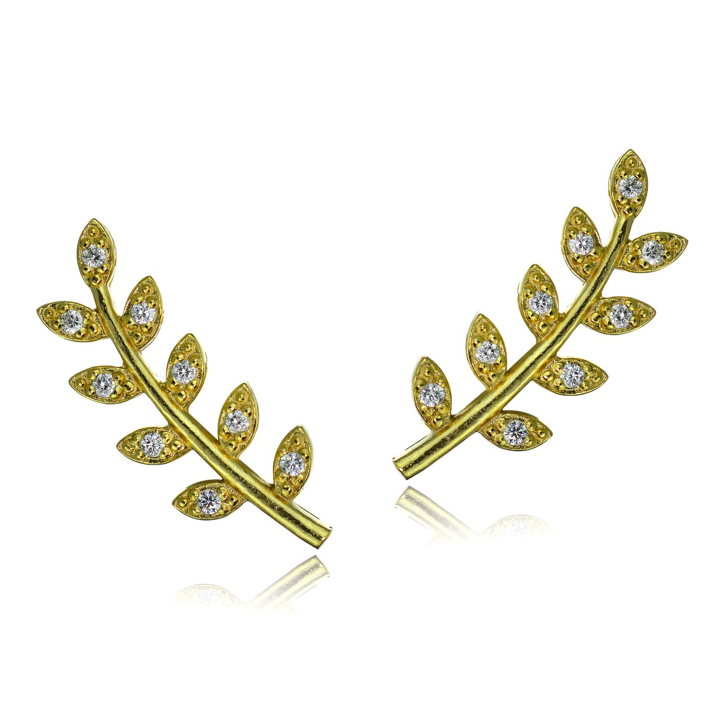 Sterling Silver Leaf Branch Cubic Zirconia Climber Crawler Hook Earrings