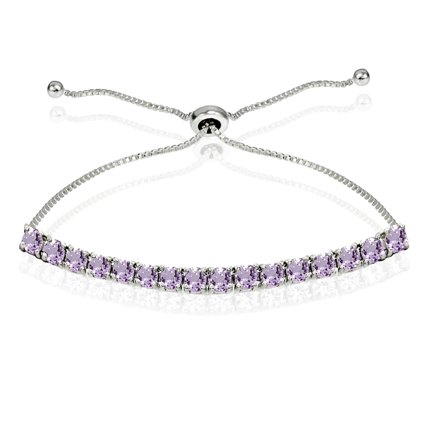 Sterling Silver 3mm Amethyst Round-cut Chain Adjustable Pull-String Bolo Slider Tennis Bracelet for Women Teens Girls