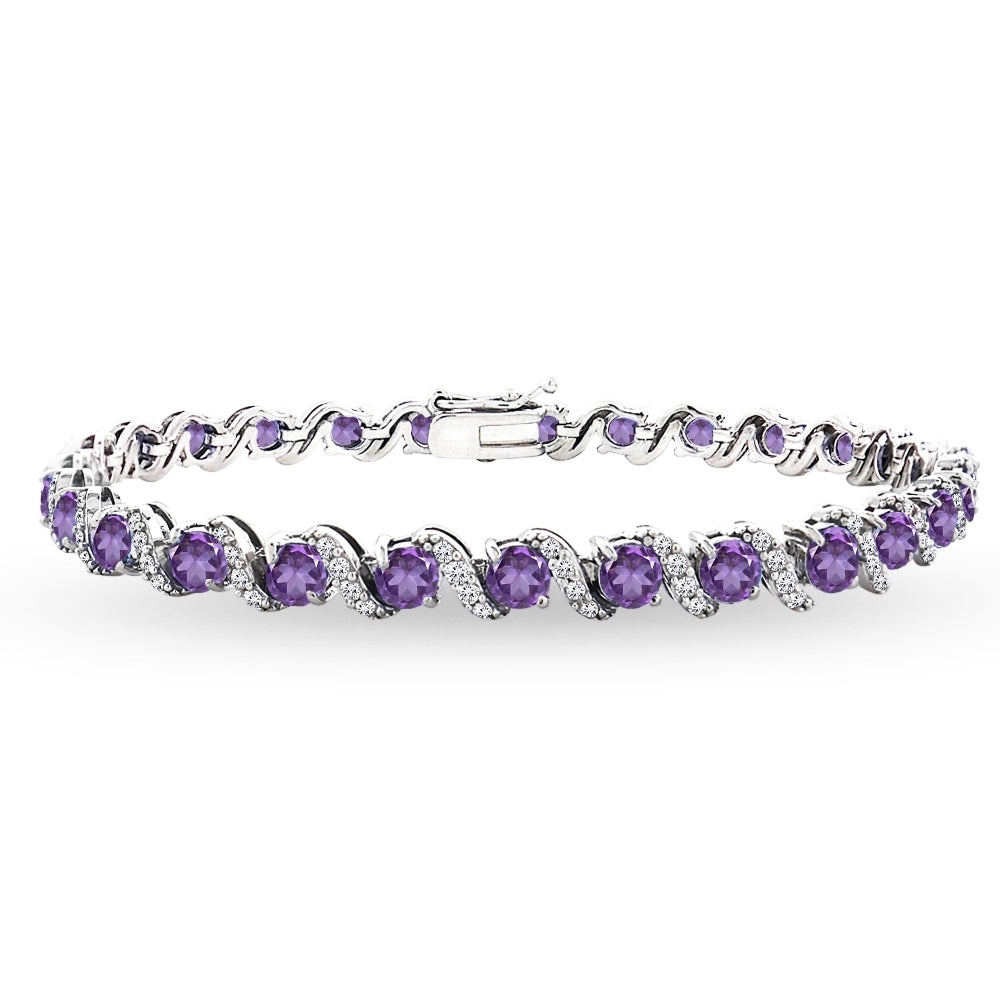Sterling Silver African Amethyst 4mm Round-Cut S Design Tennis Bracelet with White Topaz Accents