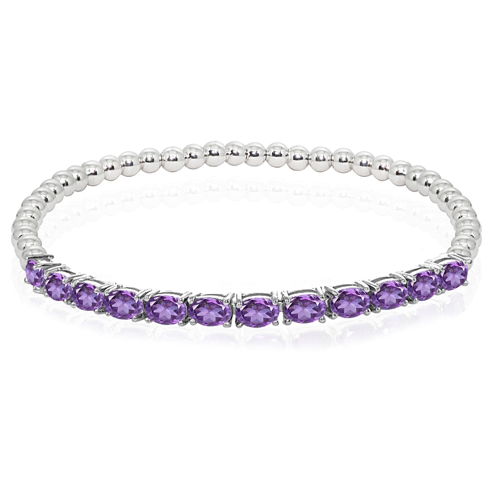 Sterling Silver Oval African Amethyst Beaded Stretch Stackable Bracelet for Women Girls