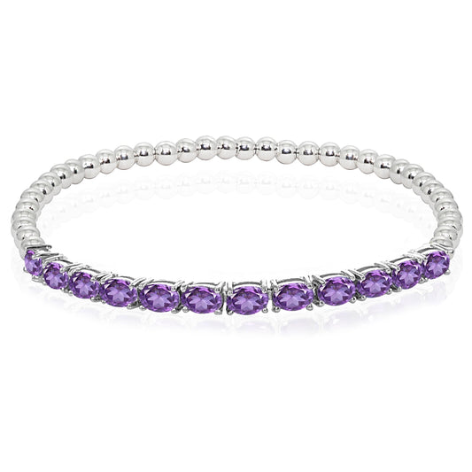 Sterling Silver Oval African Amethyst Beaded Stretch Stackable Bracelet for Women Girls