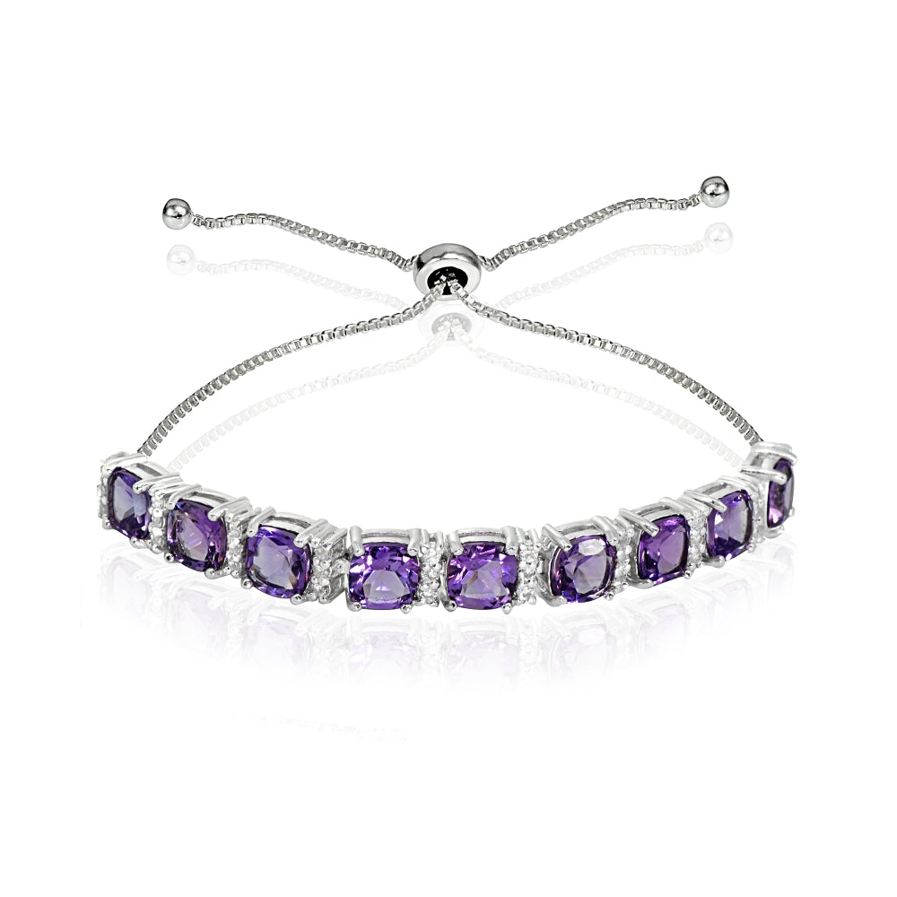 Sterling Silver African Amethyst & White Topaz Cushion-Cut Adjustable Tennis Style Bolo Bracelet for Women Teens Girls