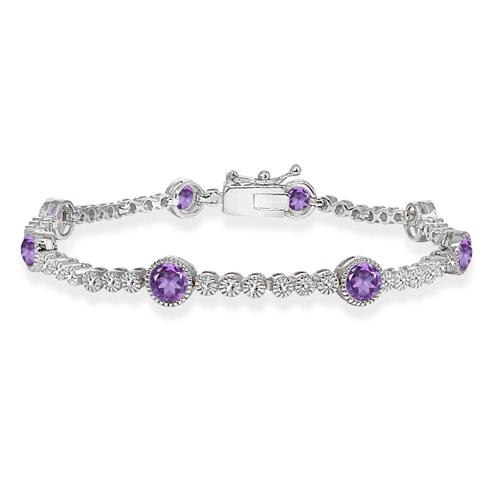 Sterling Silver African Amethyst & Topaz Round Halo Tennis Bracelet