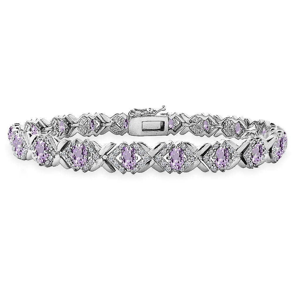 Sterling Silver Amethyst Oval X Design Polished Tennis Bracelet