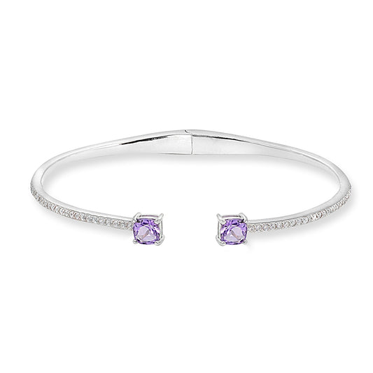 Sterling Silver Amethyst & Synthetic White Sapphire Cushion-Cut Dainty Bangle Cuff Bracelet for Women