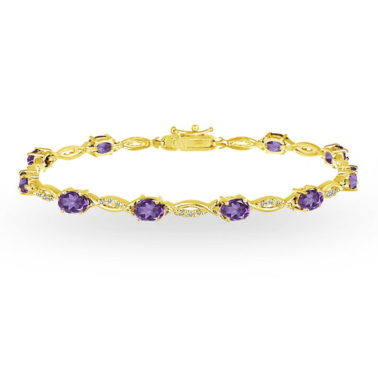 Yellow Gold Flashed Sterling Silver African Amethyst and White Topaz Oval-Cut Swirl Tennis Bracelet