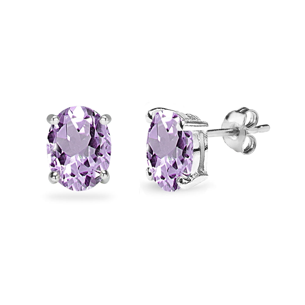 Sterling Silver Amethyst 8x6mm Oval-Cut Solitaire Gemstone Stud Earrings for Women Girls