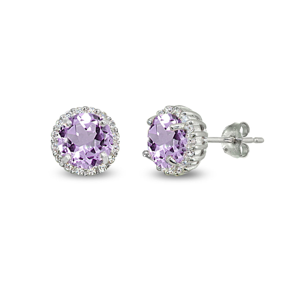 Amethyst Earrings for Women 6mm Round Halo Purple Gemstone Sterling Silver Earring Studs for Girls Teens Fashion Bridesmaids Summer Trendy
