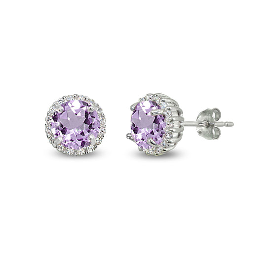 Amethyst Earrings for Women 6mm Round Halo Purple Gemstone Sterling Silver Earring Studs for Girls Teens Fashion Bridesmaids Summer Trendy