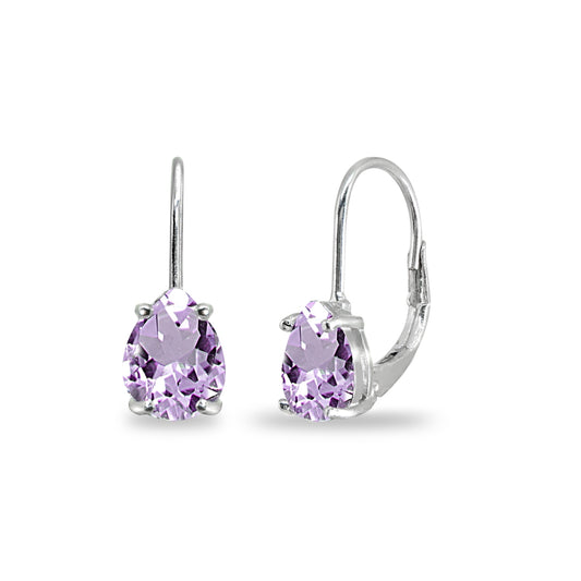 Amethyst Earrings for Women Sterling Silver 7x5mm Teardrop Dainty Leverback Drop Genuine Gemstone Earring for Girls