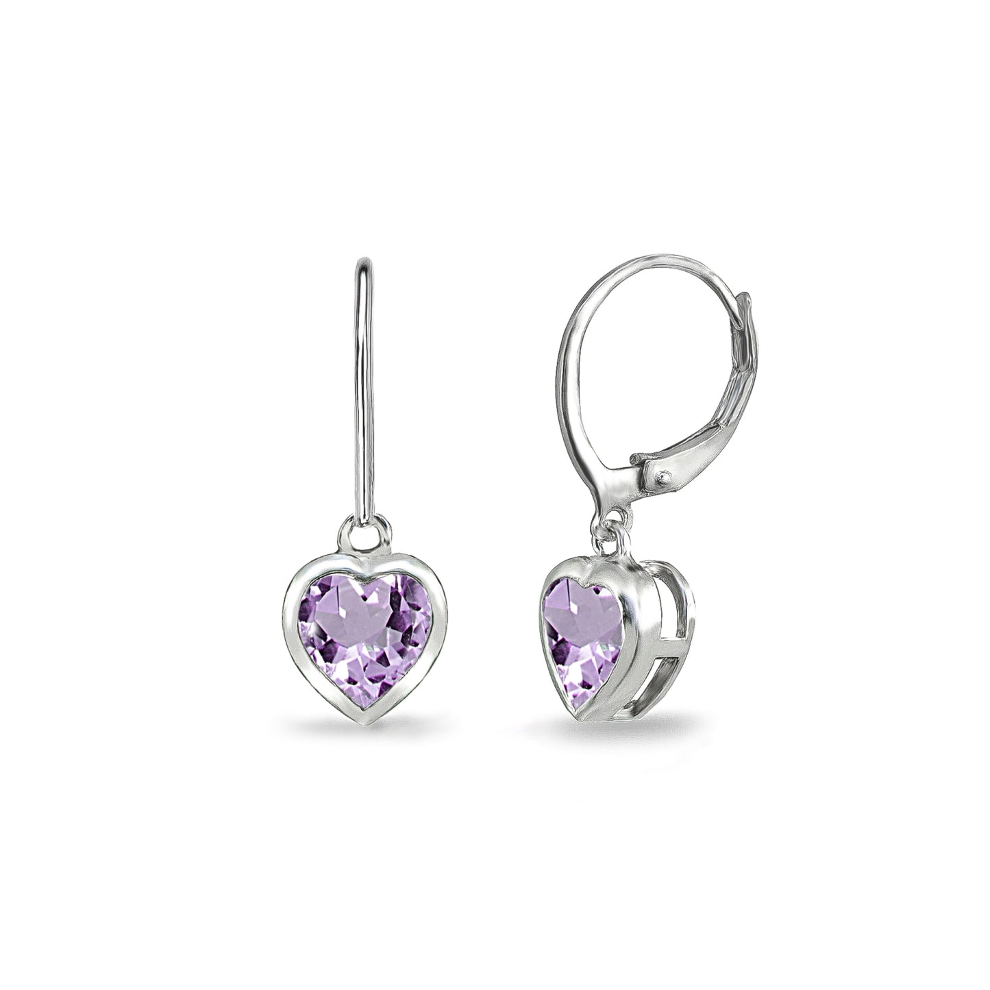 Valentines Day Earrings for Women 6mm Bezel Heart Genuine Gemstone Sterling Silver Dainty Leverback Amethyst Purple Dangle Earring for Girls Teens