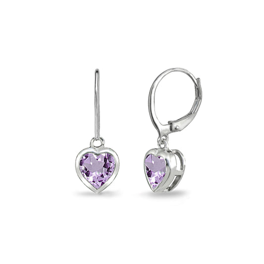 Valentines Day Earrings for Women 6mm Bezel Heart Genuine Gemstone Sterling Silver Dainty Leverback Amethyst Purple Dangle Earring for Girls Teens