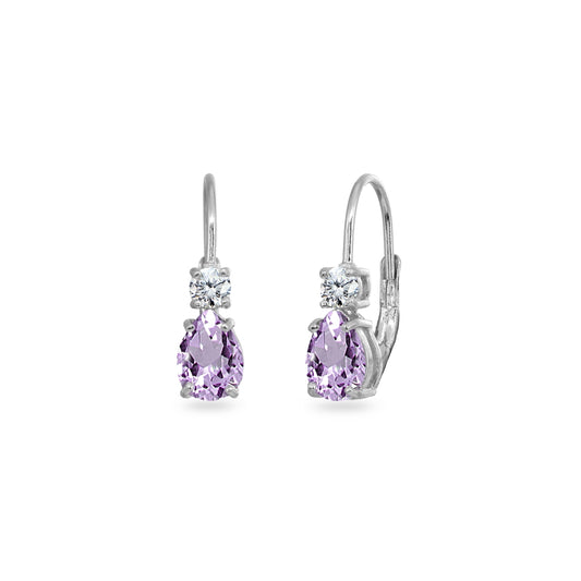Amethyst Earrings for Women Sterling Silver 7x5mm Teardrop Amethyst & Round Cubic Zirconia Dainty Drop Leverback Purple Earring for Girls Women
