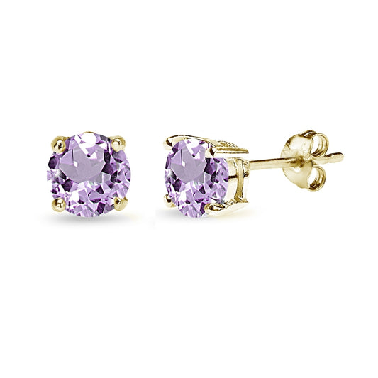 Purple Earrings for Women Gemstone 4mm Round Gold Studs Yellow Flashed Sterling Silver Stud Amethyst Earring for Girls Teens Bridesmaids Trendy Summer Fashion Prom