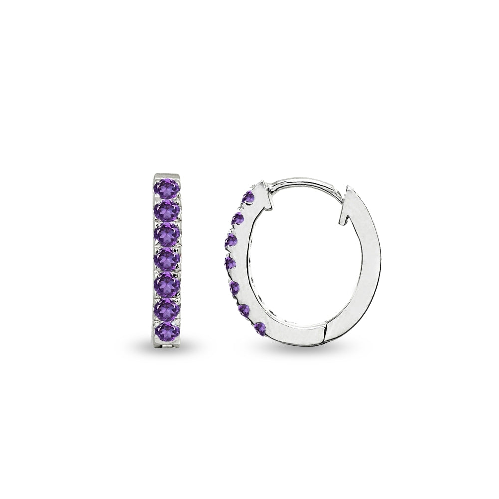 African Amethyst Earrings for Women 15mm Genuine Gemstone Oval Huggies Sterling Silver Hoops Purple Earring for Girls Teens Bridesmaids Fashion Trendy