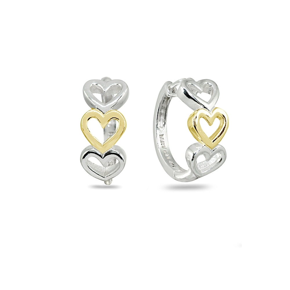 Valentines Day Earrings for Women Open Heart Triple Love 16mm Gold Tow Tone Sterling Silver Small Huggie Hoops for Teen Girls Birthday Anniversary