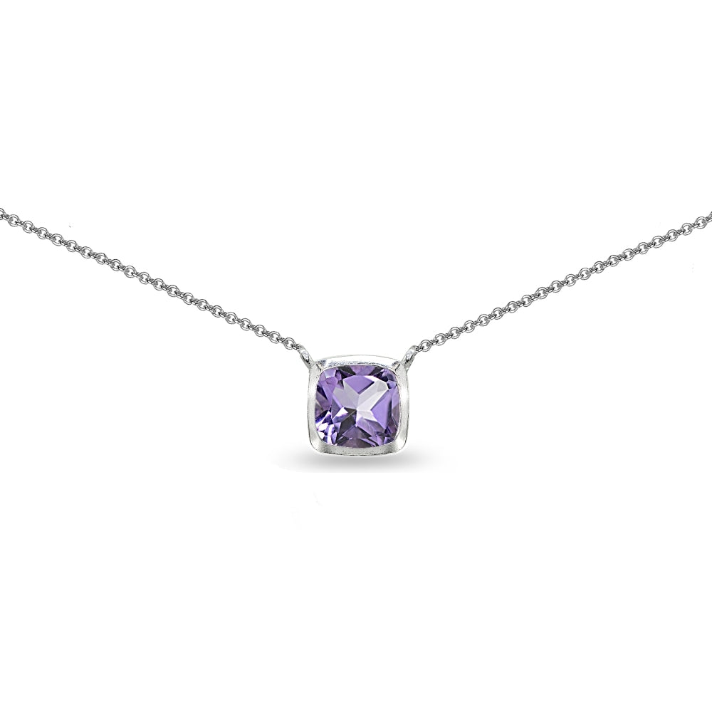 Sterling Silver Cushion-Cut Bezel-Set Solitaire Amethyst Choker Necklace for Women Girls