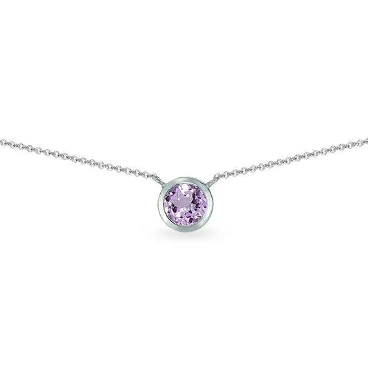 Purple Necklace for Women Solitaire Bezel Genuine Amethyst Gemstone Sterling Silver Chokers for Girls Teens Bridesmaids Fashion Stacking Trendy Birthday