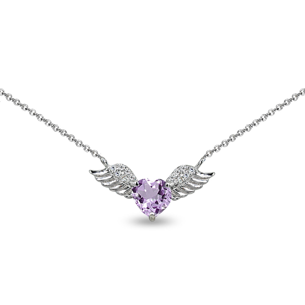 Necklace for Valentines Day Sterling Silver Amethyst & CZ Heart Angel Wings Necklaces for Women Girls, 15" + Extender