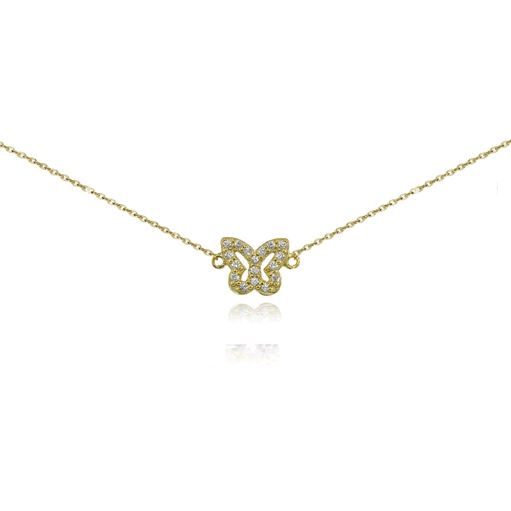 Yellow Gold Flashed Sterling Silver Short Dainty CZ Butterfly Necklace with Extender