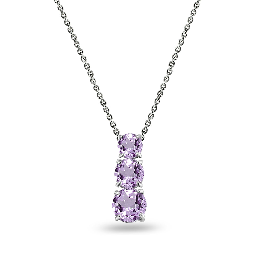 Sterling Silver Amethyst Round 3-Stone Journey Slide Pendant Necklace for Women Teen Girls