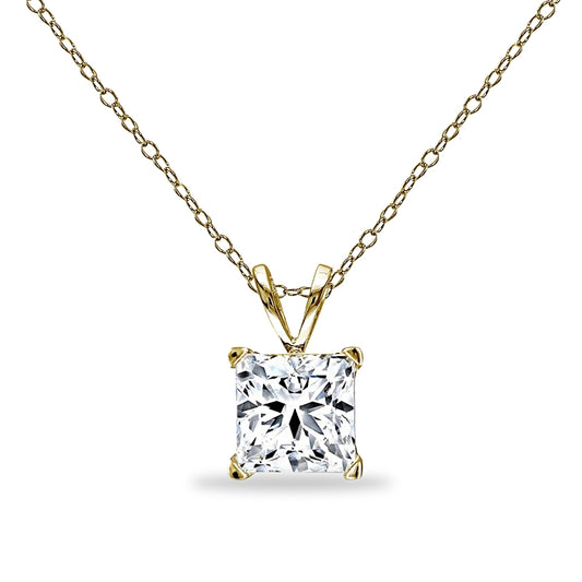 Yellow Gold Flashed Sterling Silver Princess-cut 7mm Solitaire AAA Cubic Zirconia Necklace for Women Girls Bridesmaids