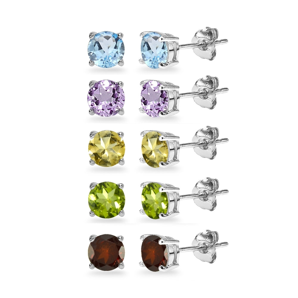 5-Pair Set Sterling Silver Amethyst, Blue Topaz, Citrine, Garnet & Peridot 5mm Round Stud Earrings