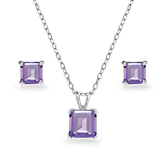Sterling Silver Amethyst Square Solitaire Necklace & Stud Earrings Jewelry Set for Women