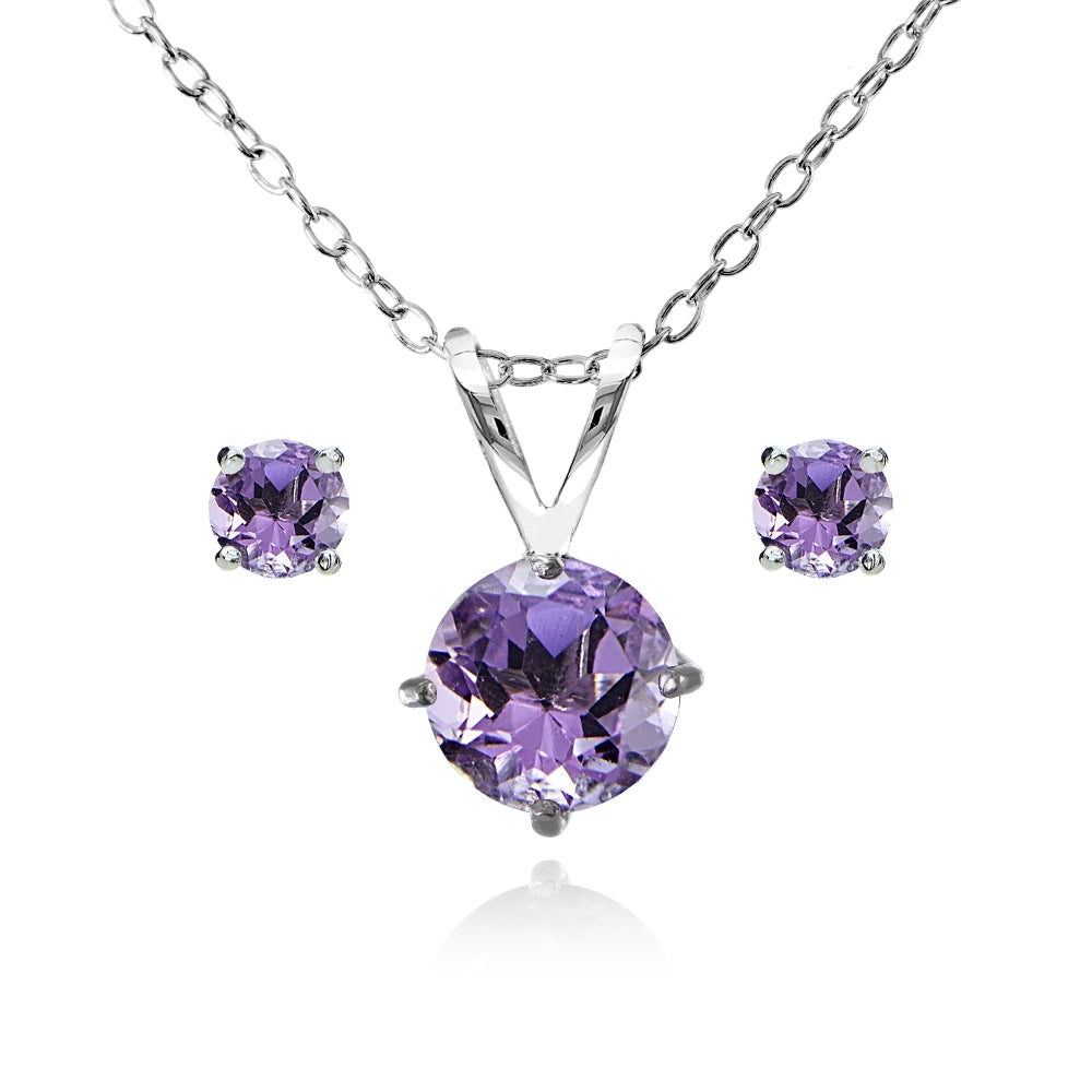 Jewelry Sets for Women Amethyst Necklace and Earrings Sterling Silver Round Pendant Necklace & Dangle Earrings for Girls Teens Bridesmaids Birthday