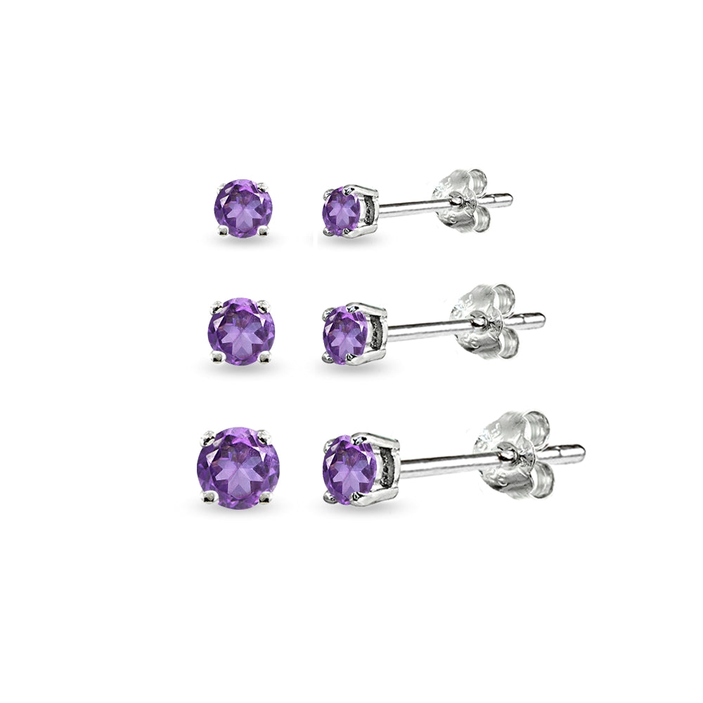3-Pair Set Sterling Silver African Amethyst Round Stud Earrings for Teen Girls, 3mm 4mm 5mm