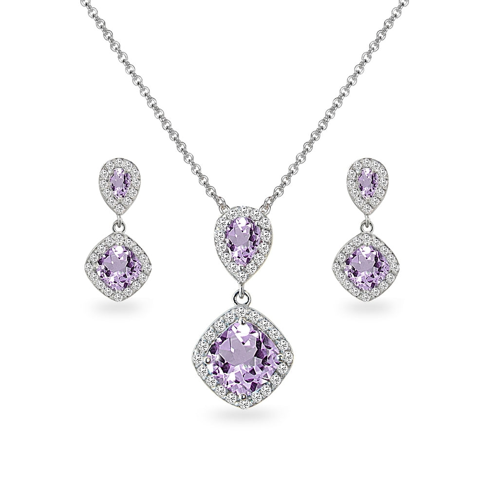 Sterling Silver Amethyst & White Topaz Drop Dangle Earrings & Necklace Jewelry Set for Women Bridesmaids
