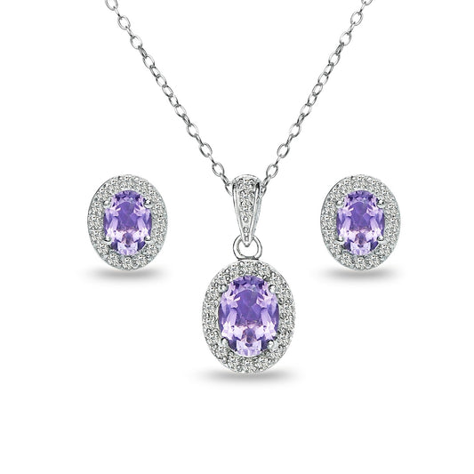 Sterling Silver Amethyst & White Topaz Oval Halo Necklace & Stud Earrings Jewelry Set for Women