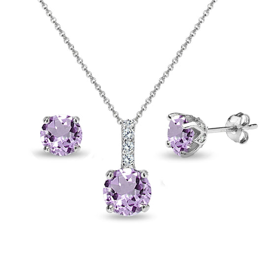 Sterling Silver Amethyst & White Topaz Round Crown Stud Earrings & Necklace Jewelry Set for Women